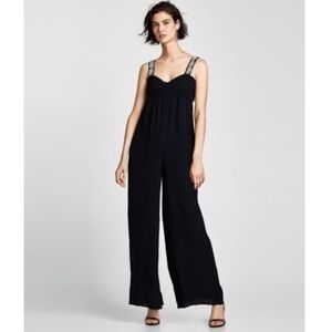 Zara Black Jeweled Strap Jumpsuit NWT